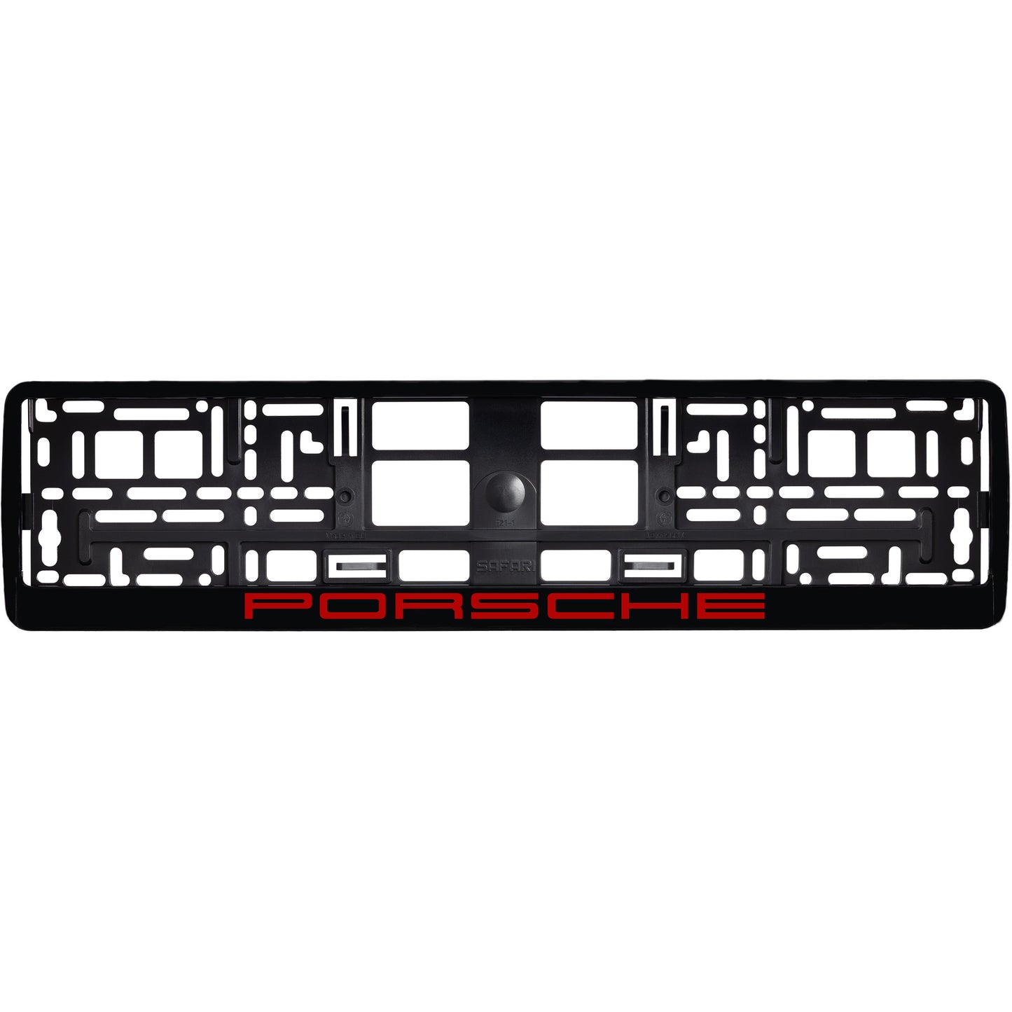 
        gloss black license plate frame with red porsche logo
     