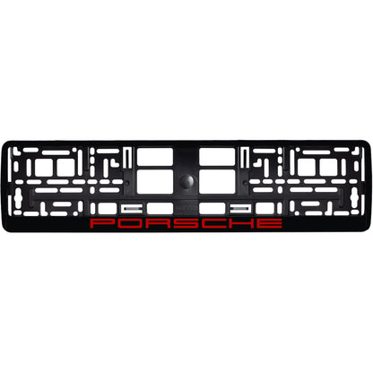 gloss black license plate frame with red porsche logo