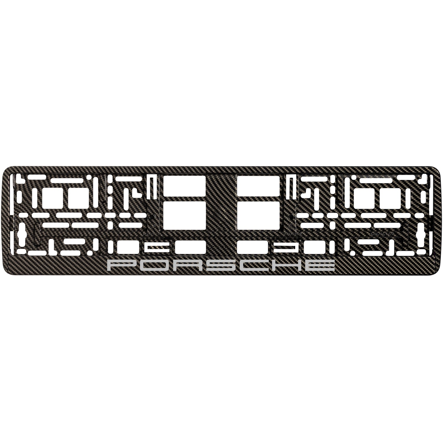 
        carbon license plate frame with silver porsche logo
     