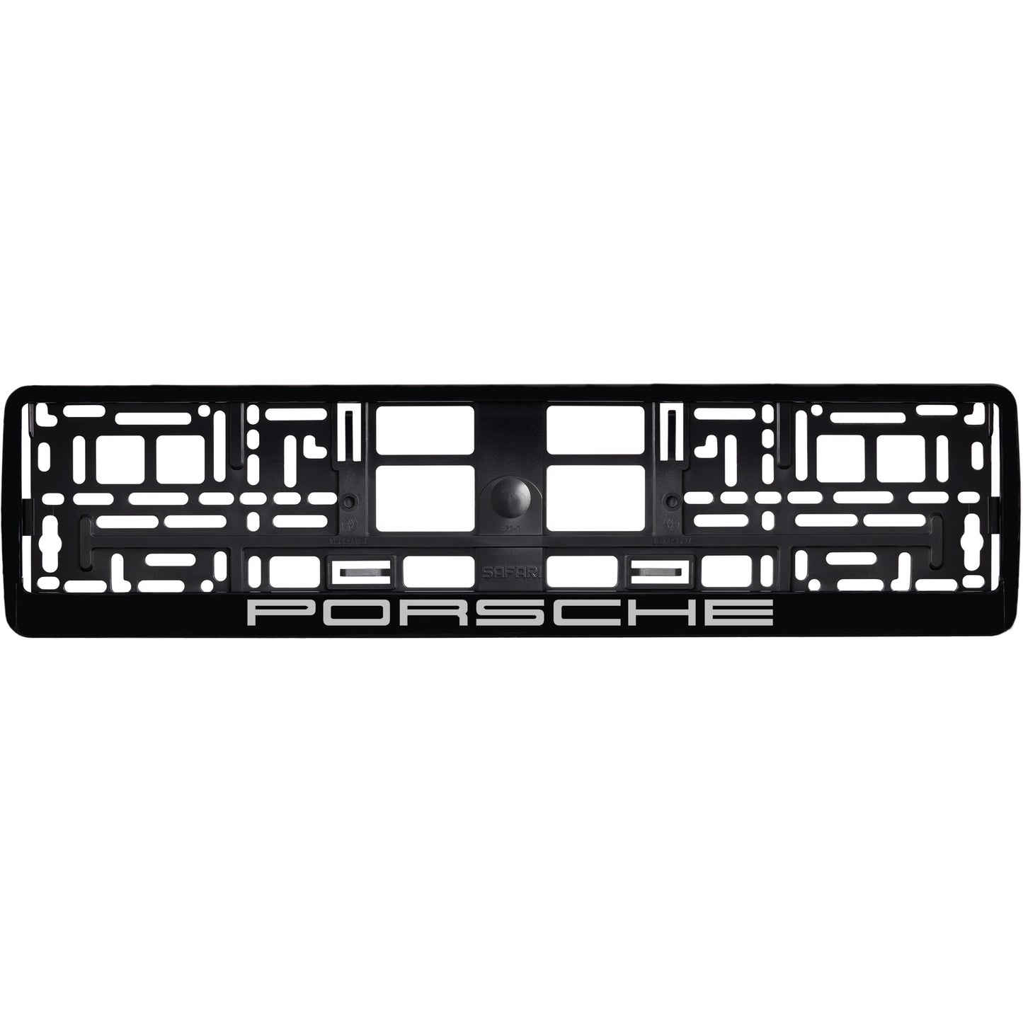 
        gloss black license plate frame with silver porsche logo
     