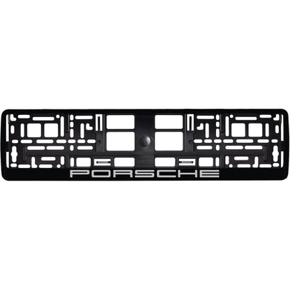 gloss black license plate frame with silver porsche logo