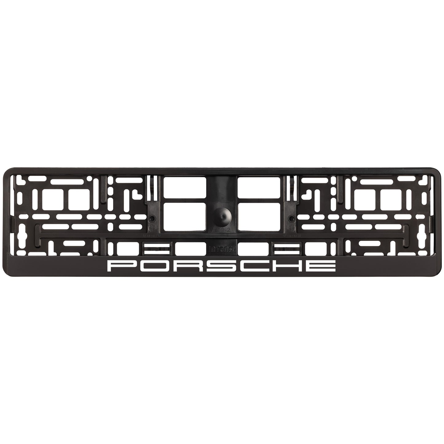 
        black license plate frame with white porsche logo
     