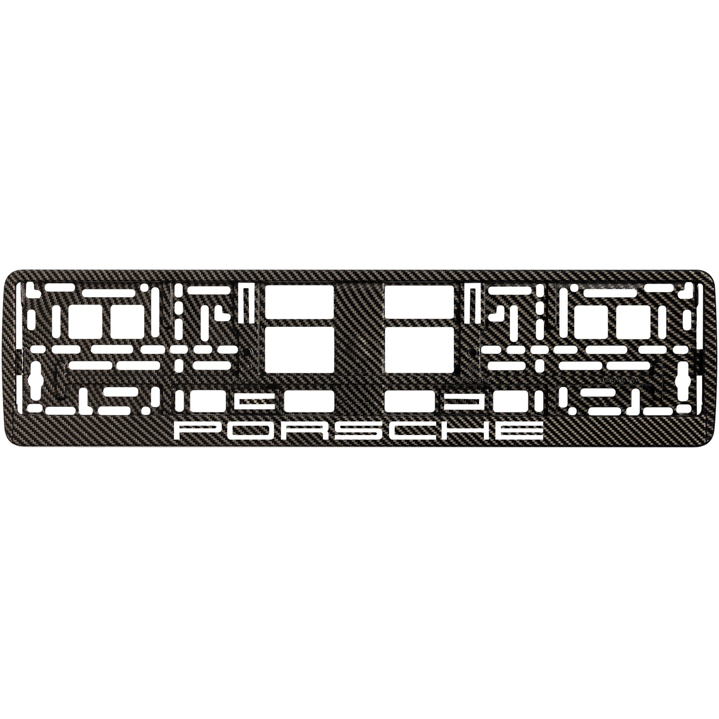 
        carbon license plate frame with white porsche logo
     