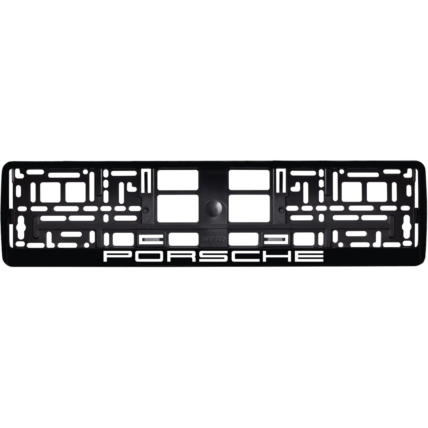 
        gloss black license plate frame with white porsche logo
     