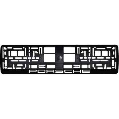 gloss black license plate frame with white porsche logo