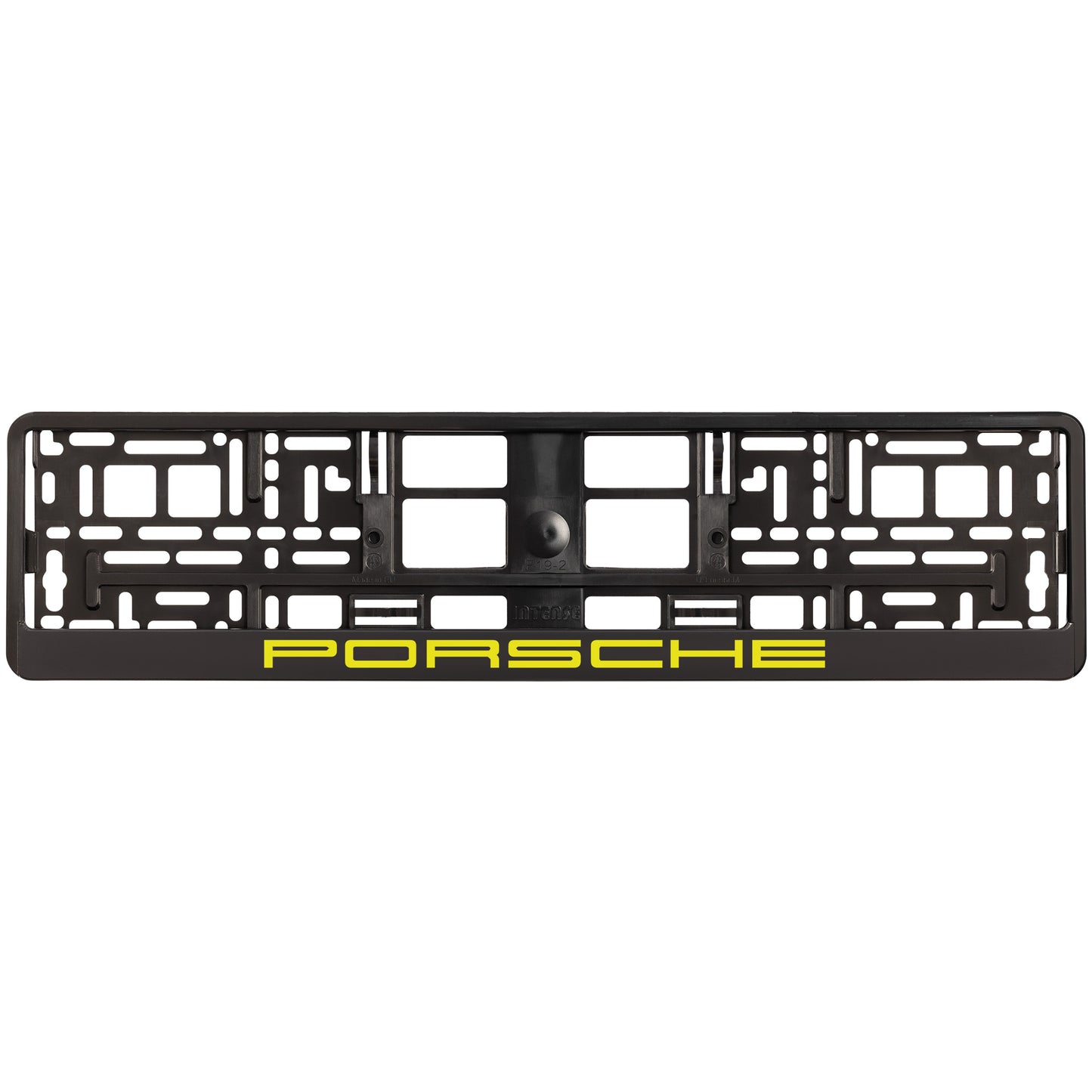 
        black license plate frame with yellow porsche logo
     