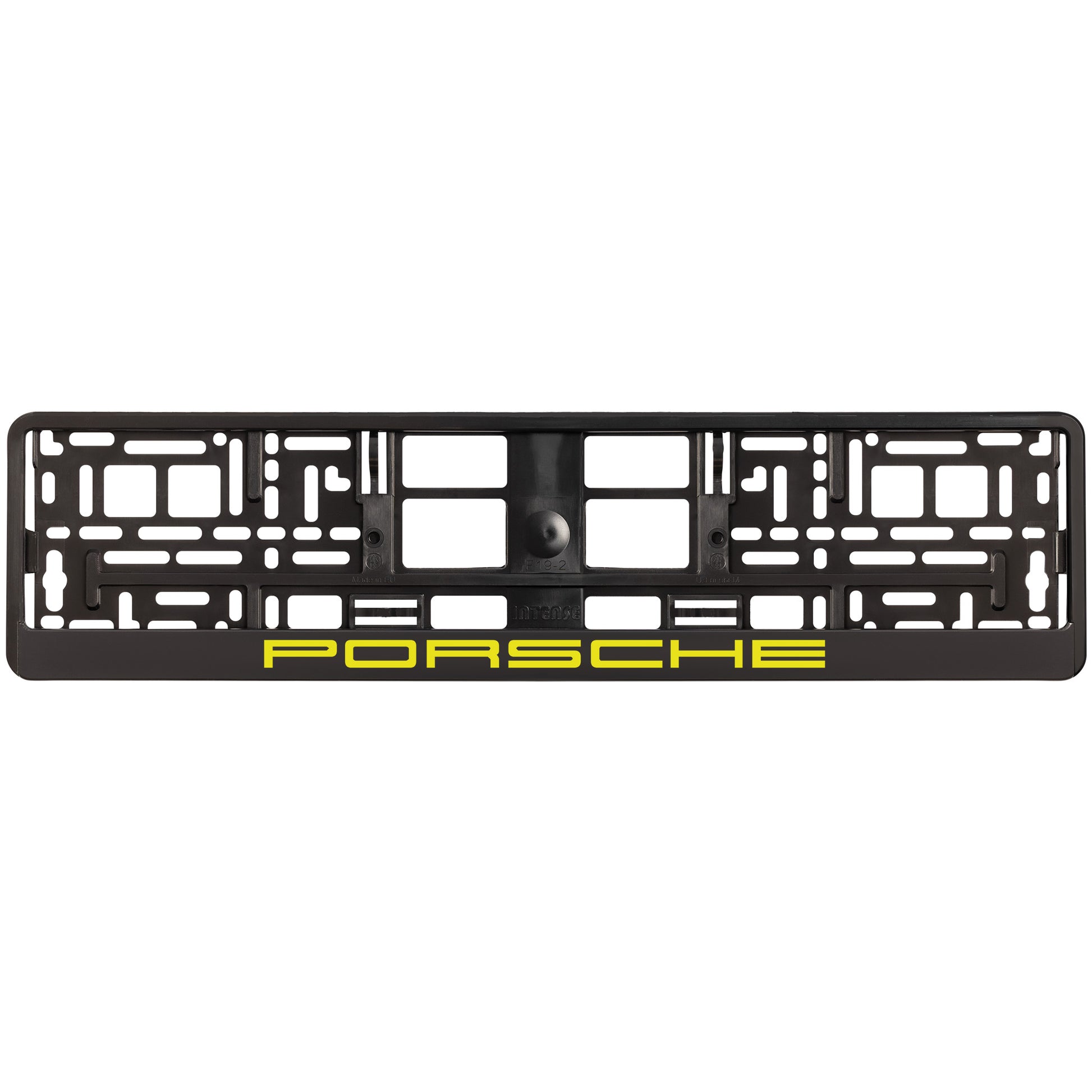 black license plate frame with yellow porsche logo