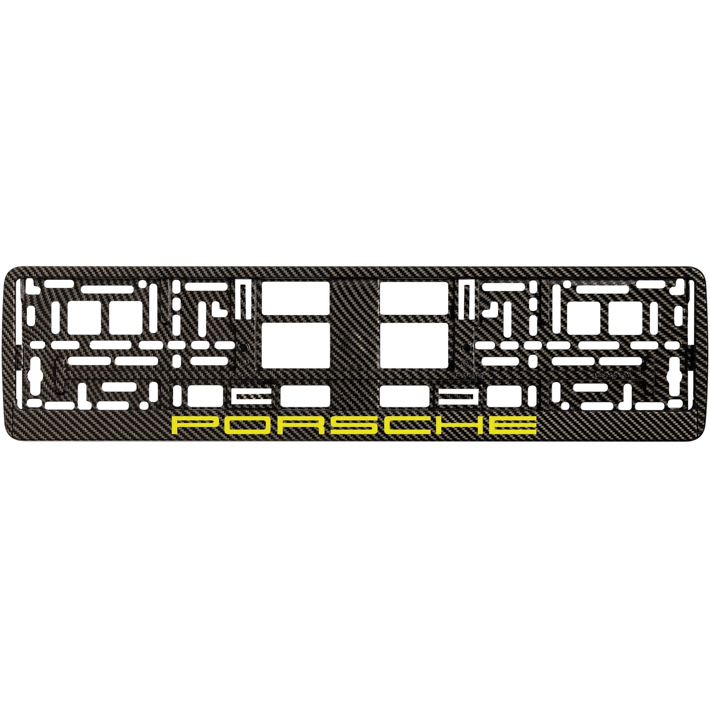
        carbon license plate frame with yellow porsche logo
     