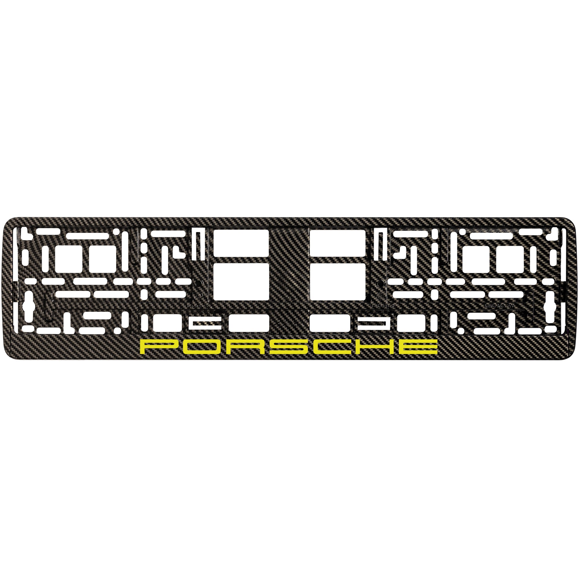 carbon license plate frame with yellow porsche logo