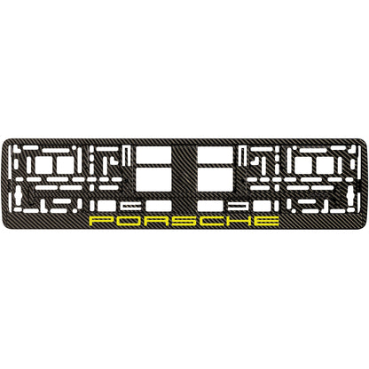 carbon license plate frame with yellow porsche logo