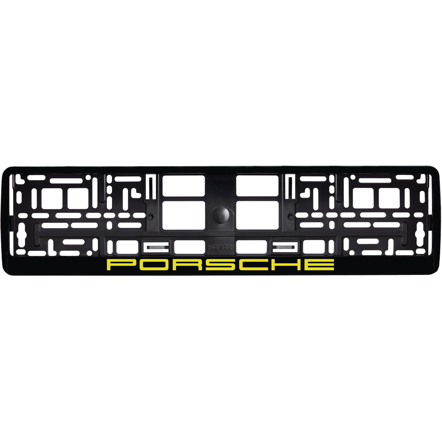 
        gloss black license plate frame with yellow porsche logo
     
