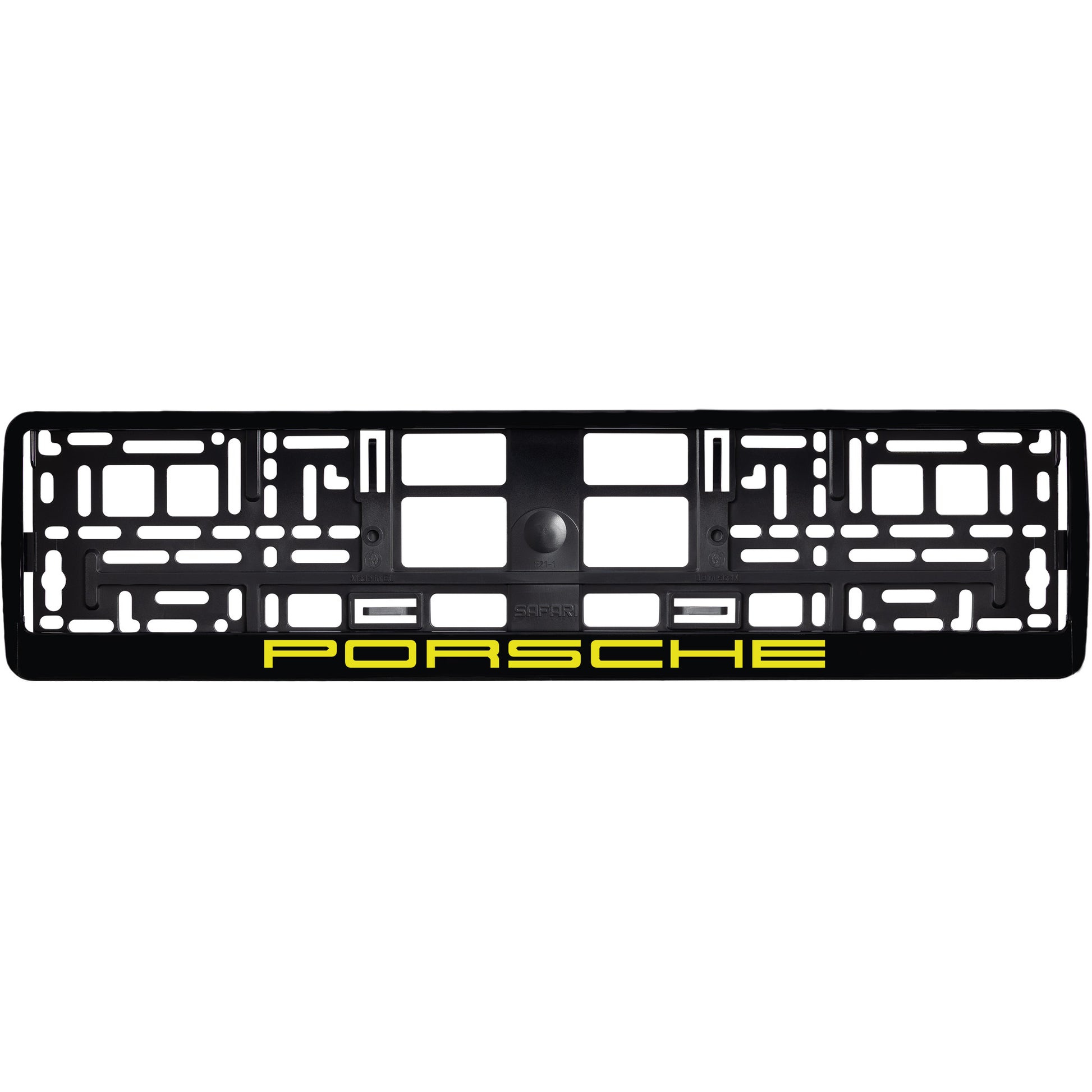 gloss black license plate frame with yellow porsche logo