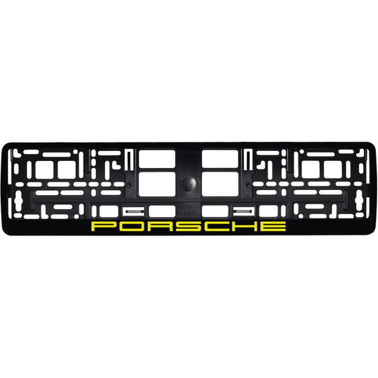gloss black license plate frame with yellow porsche logo