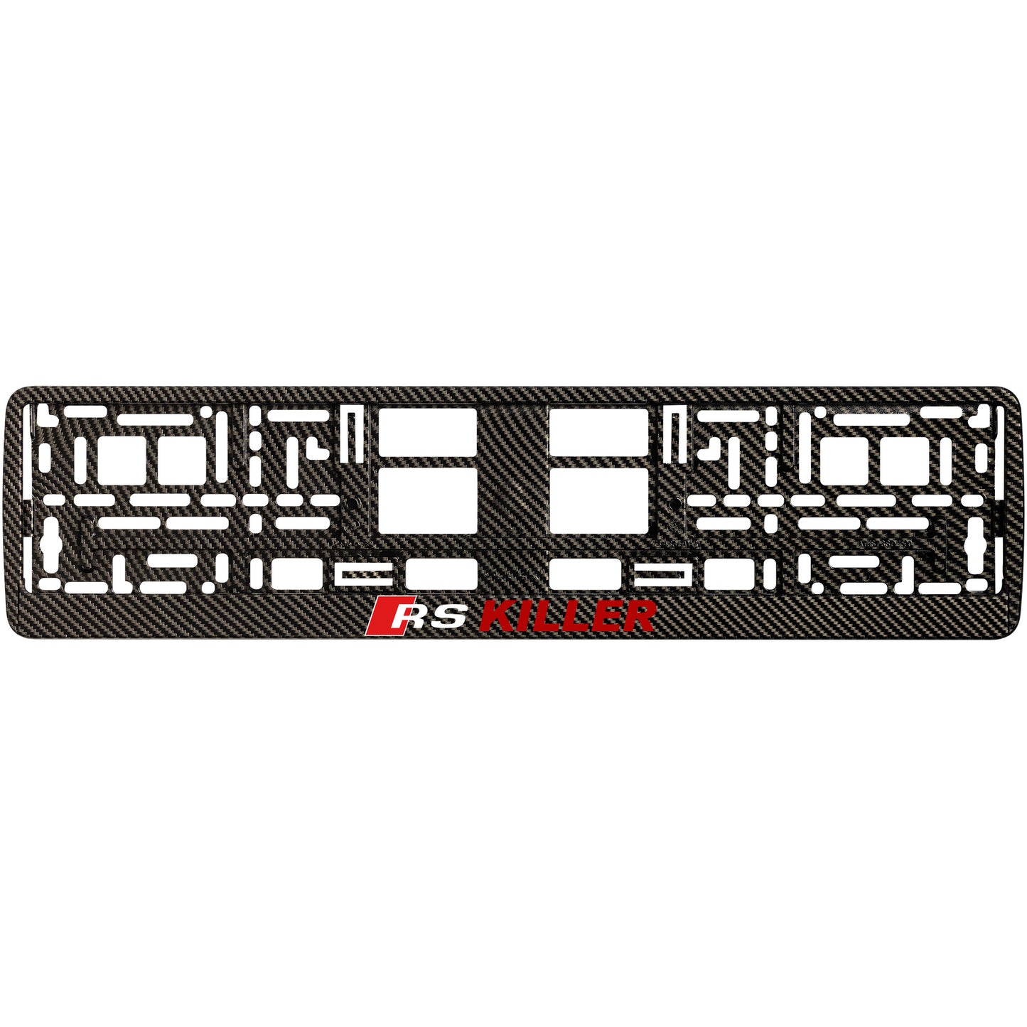 
        carbon license plate frame with red rs killer logo
     