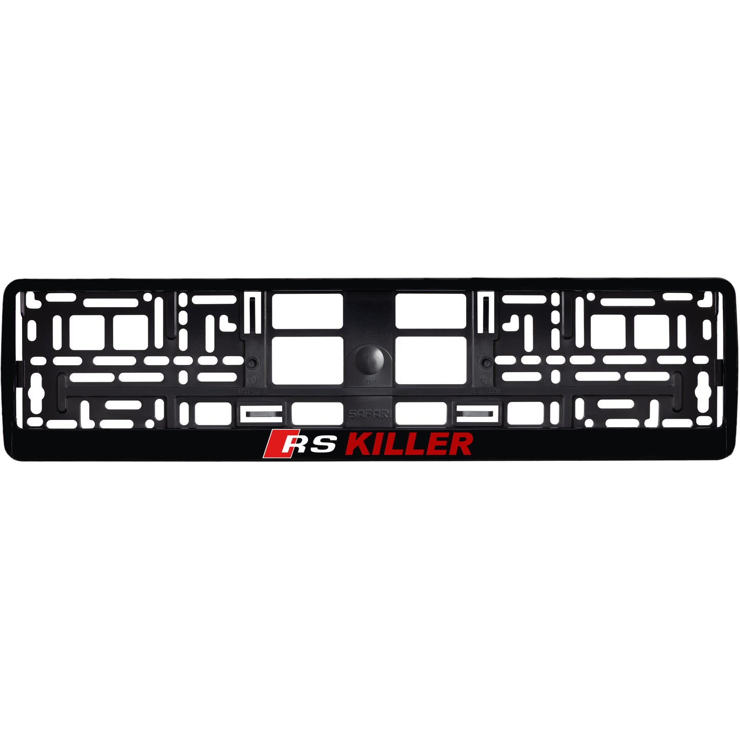 
        gloss black license plate frame with rs killer red text
     