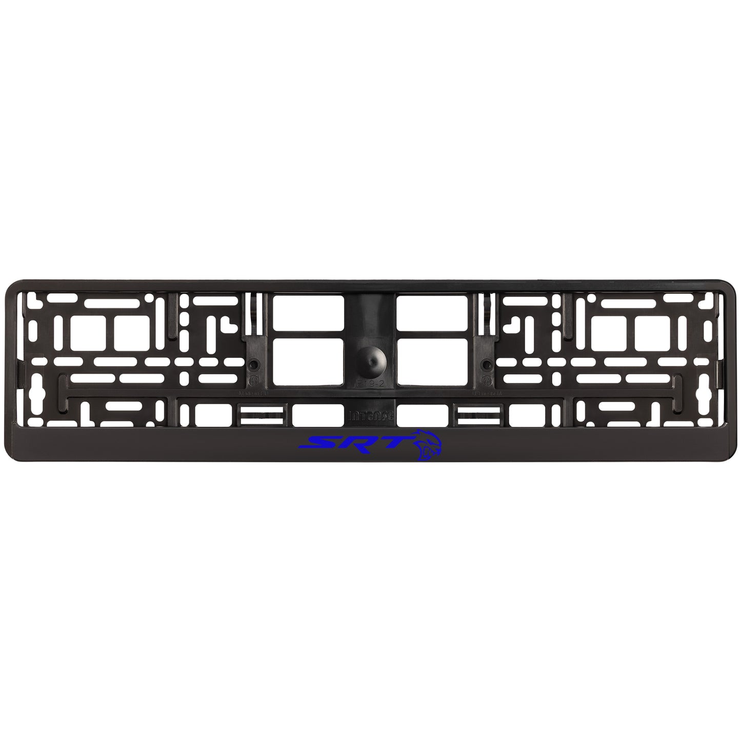 
        black license plate frame with blue hellcat logo
     