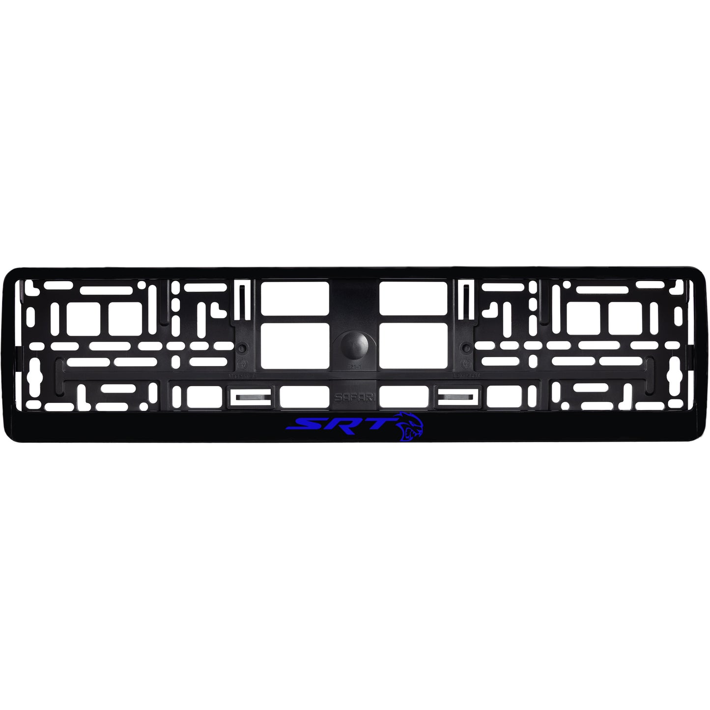 
        gloss black license plate frame with blue hellcat logo
     