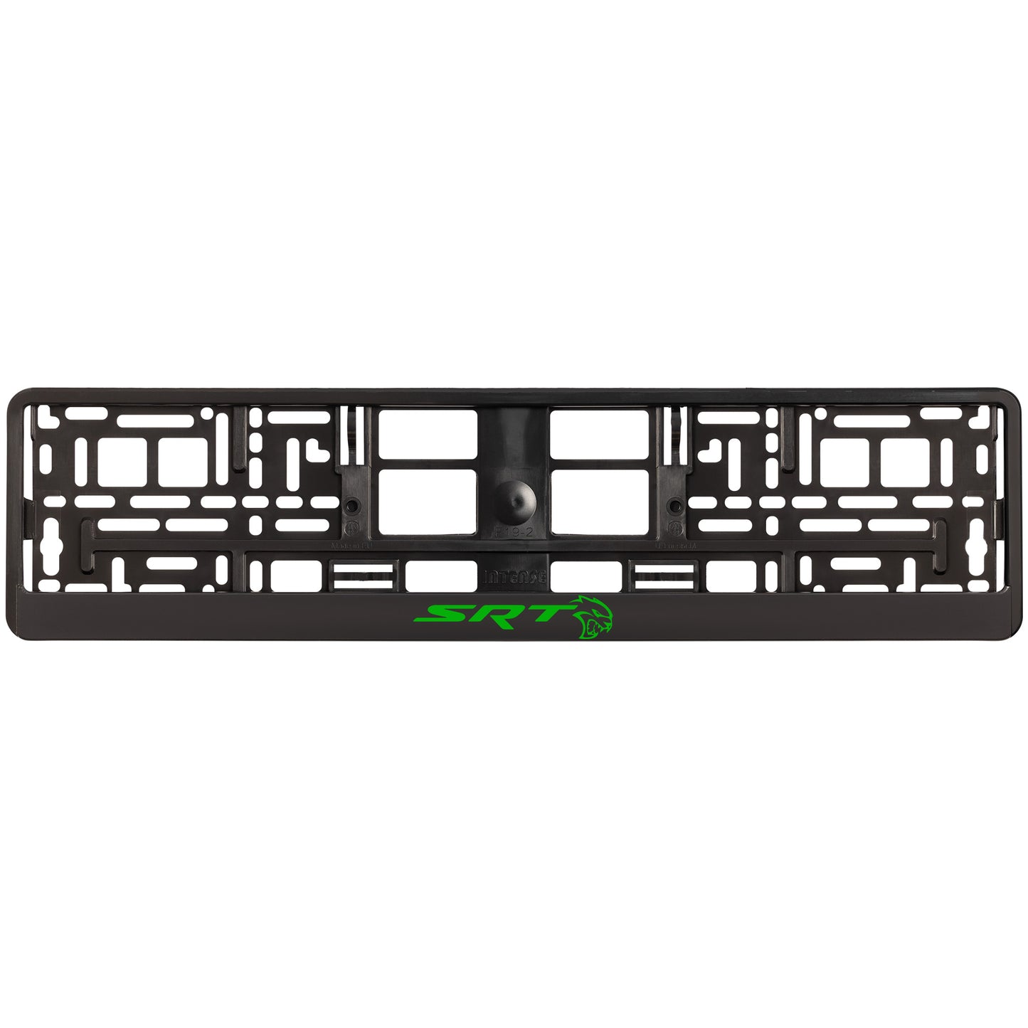 
        black license plate frame with green hellcat logo
     
