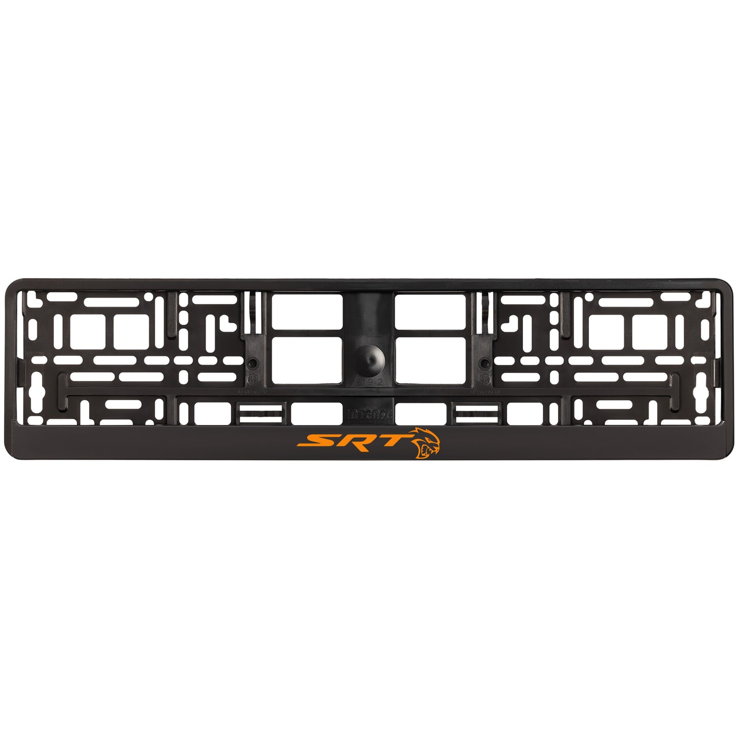 
        black license plate frame with orange hellcat logo
     