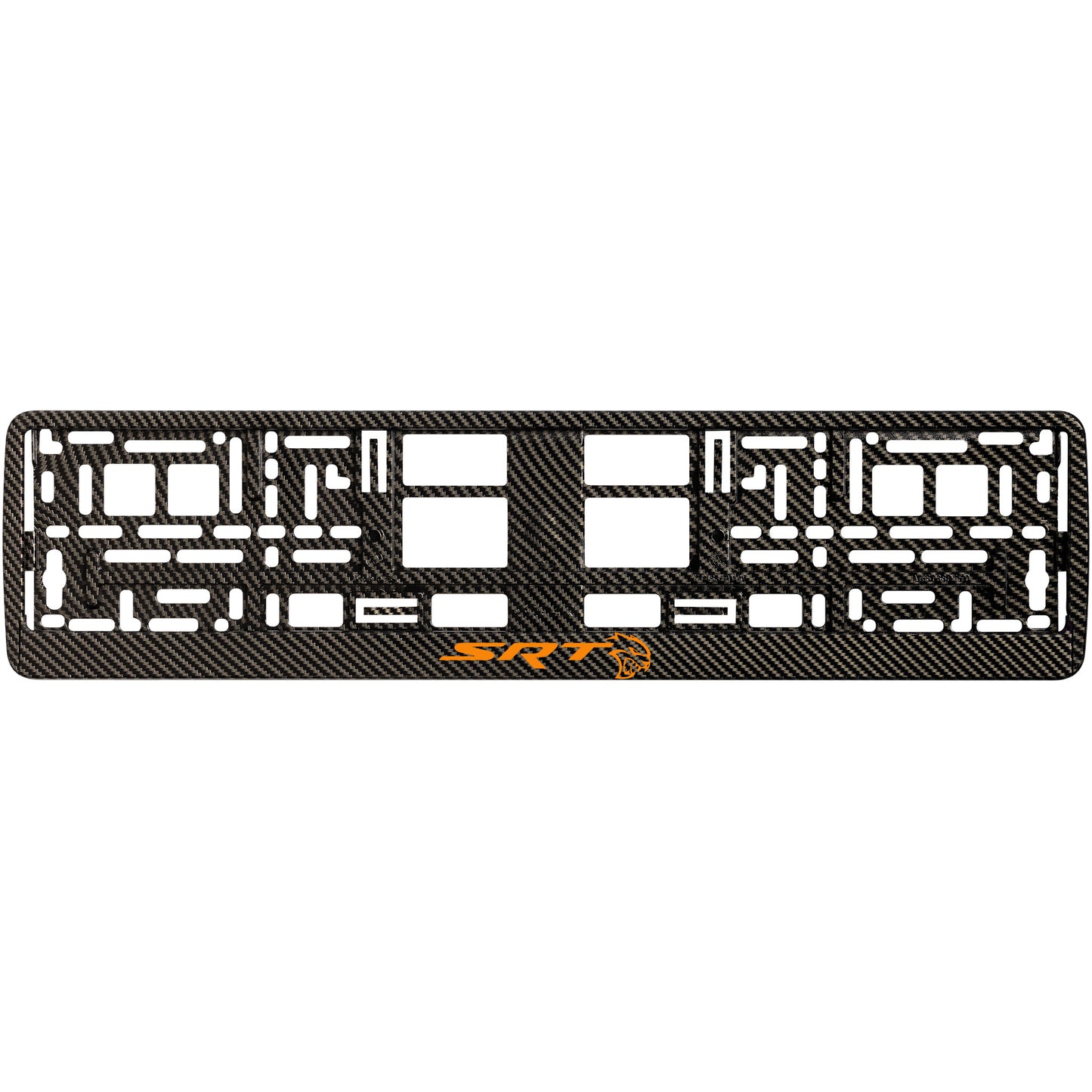 
        carbon license plate frame with orange hellcat logo
     