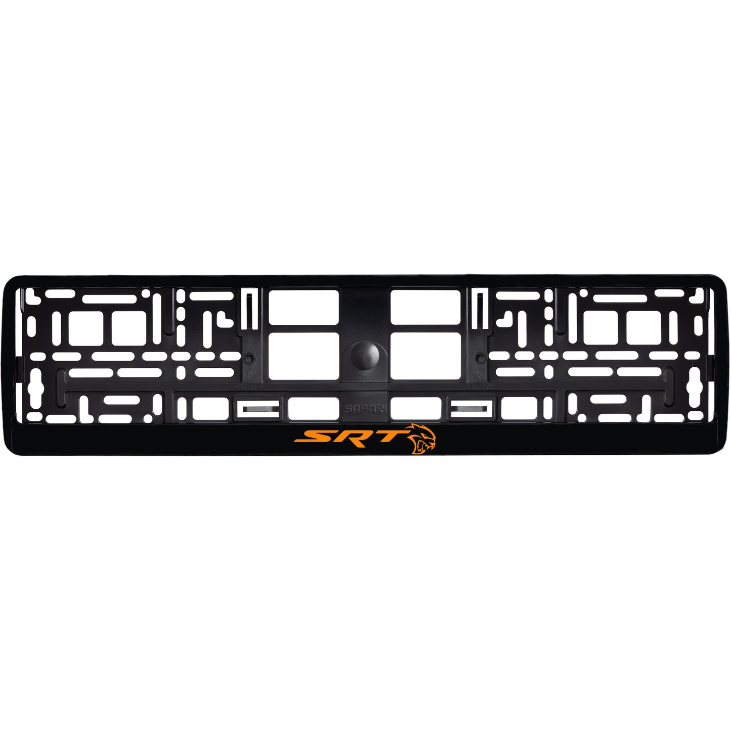 
        gloss black license plate frame with orange hellcat logo
     