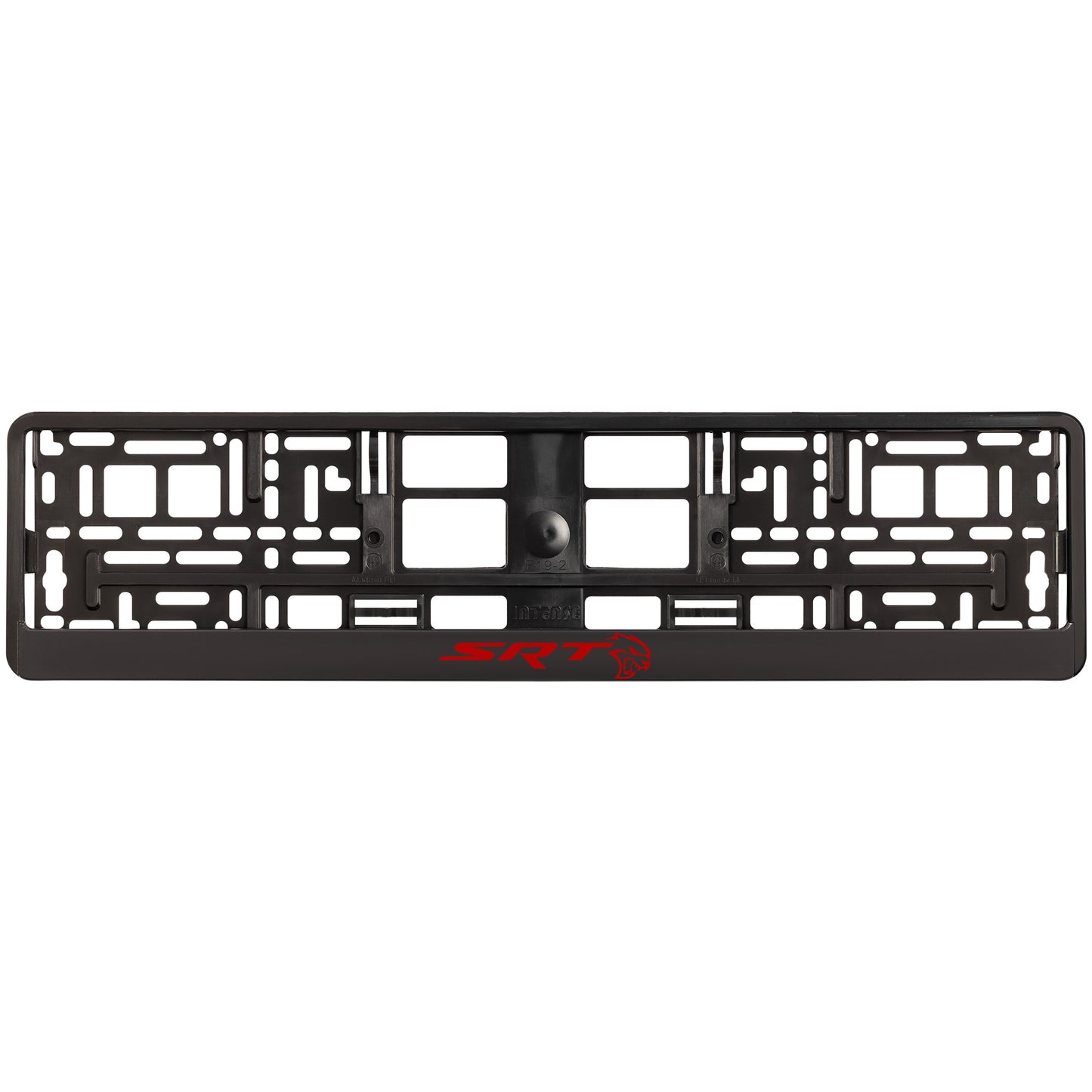 
        black license plate frame with red hellcat logo
     