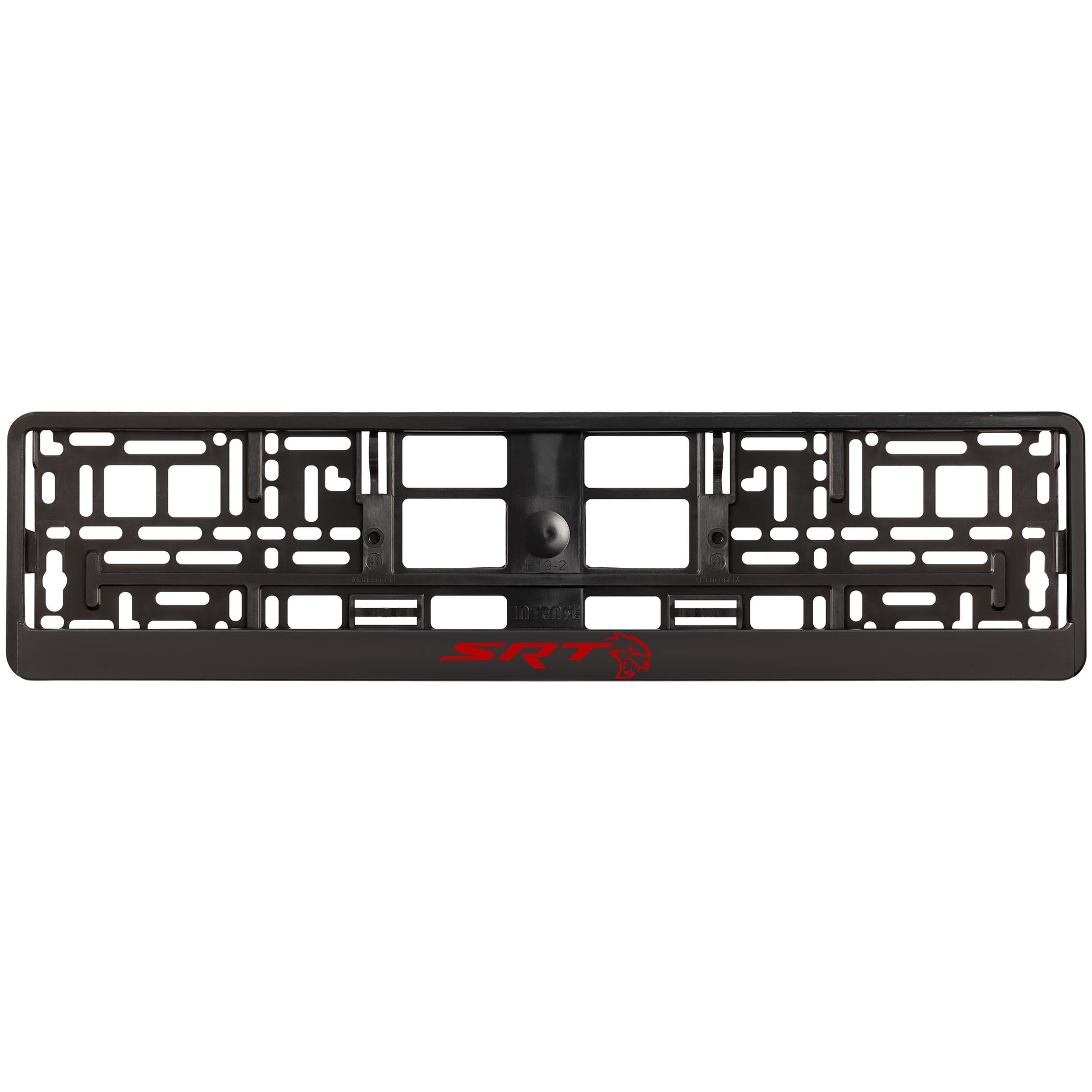 black license plate frame with red hellcat logo