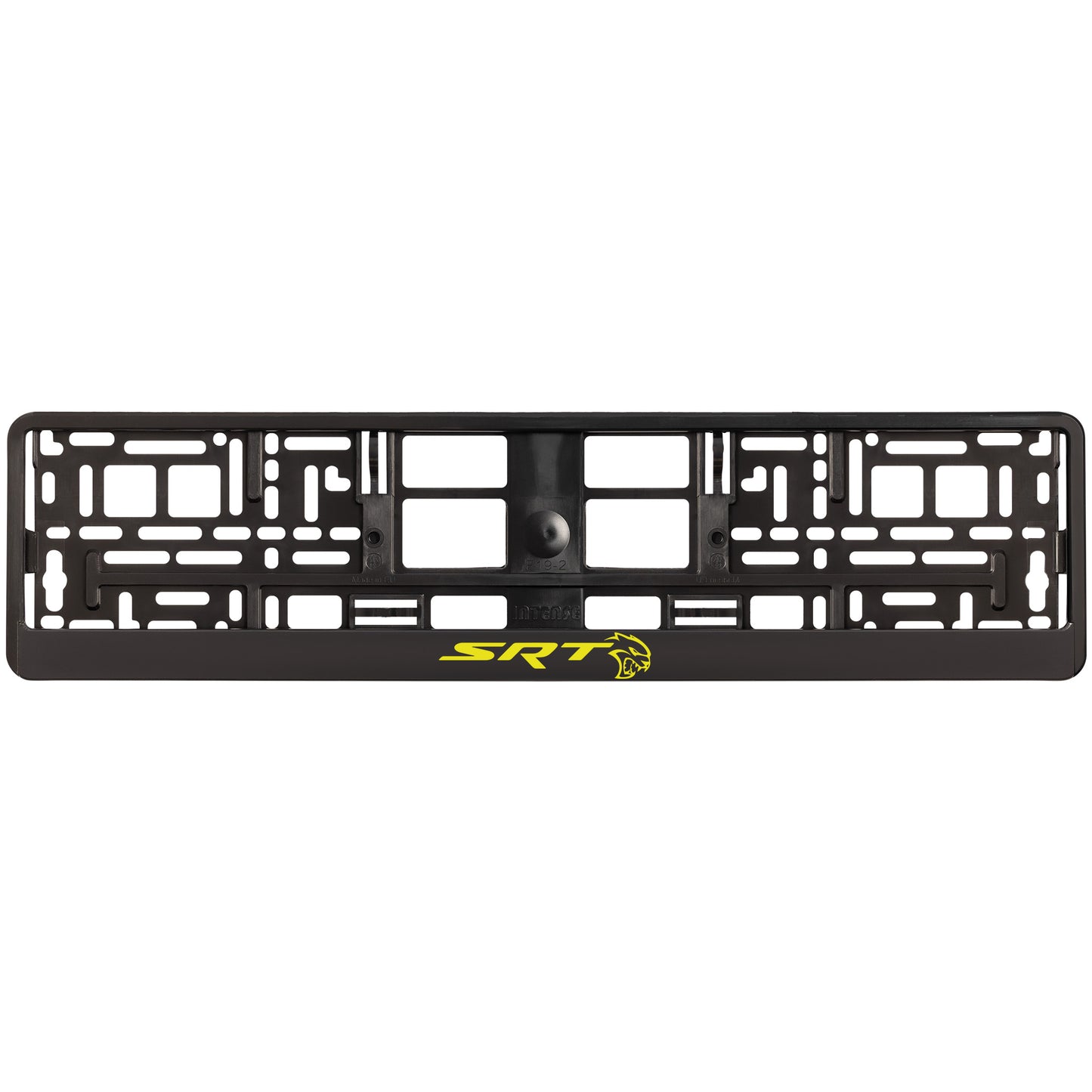 
        black license plate frame with yellow hellcat logo
     