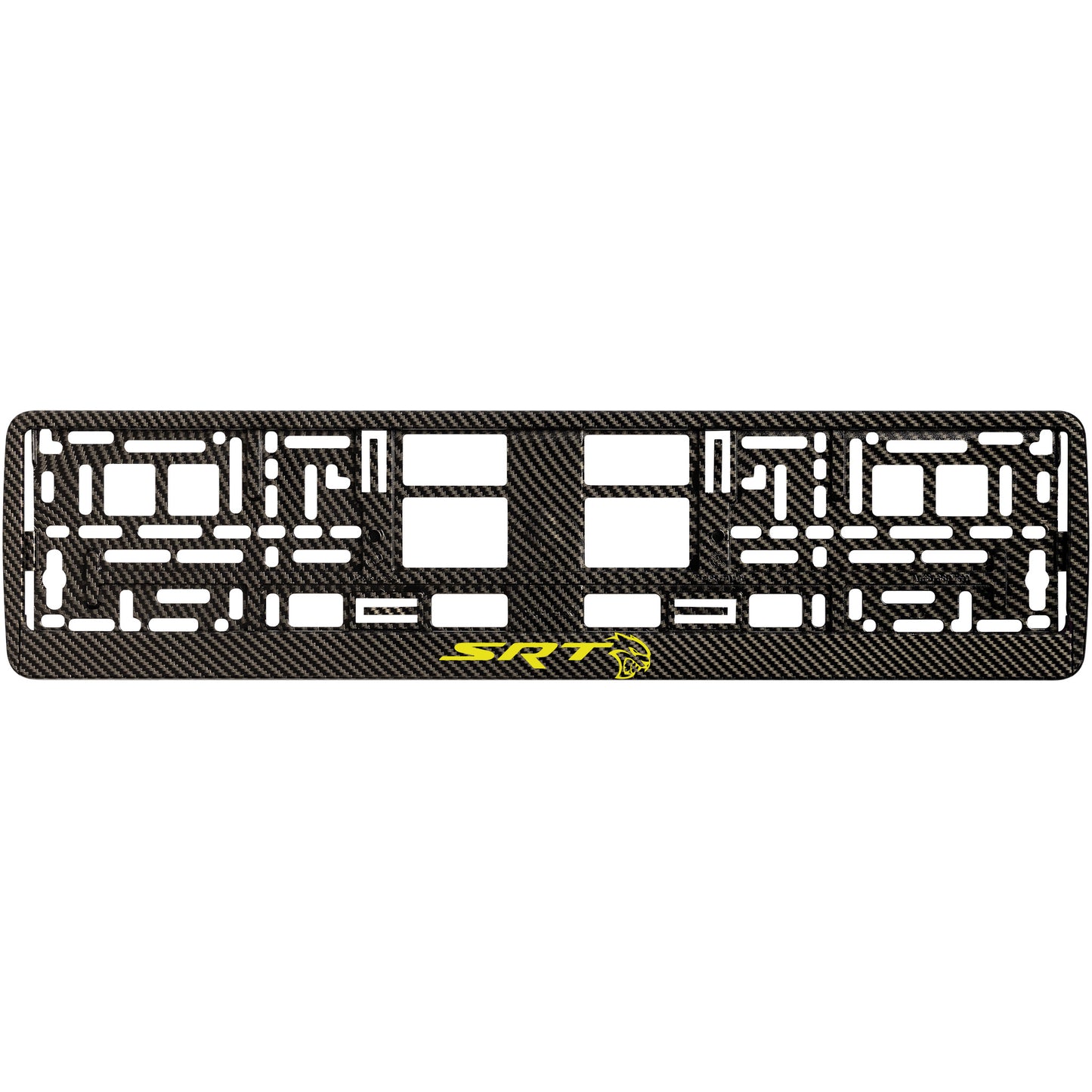 
        carbon license plate frame with yellow hellcat logo
     