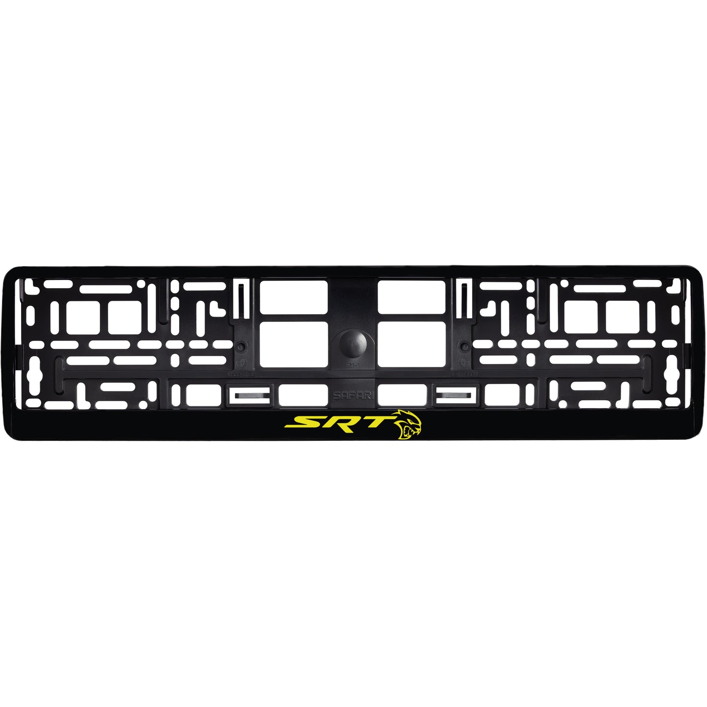 
        gloss black license plate frame with yellow hellcat logo
     