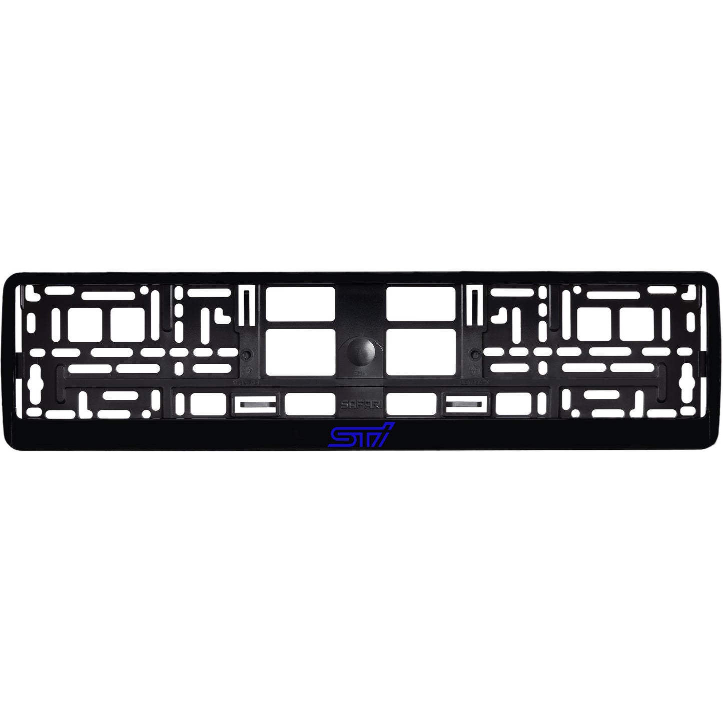 
        gloss black license plate frame with blue sti logo
     