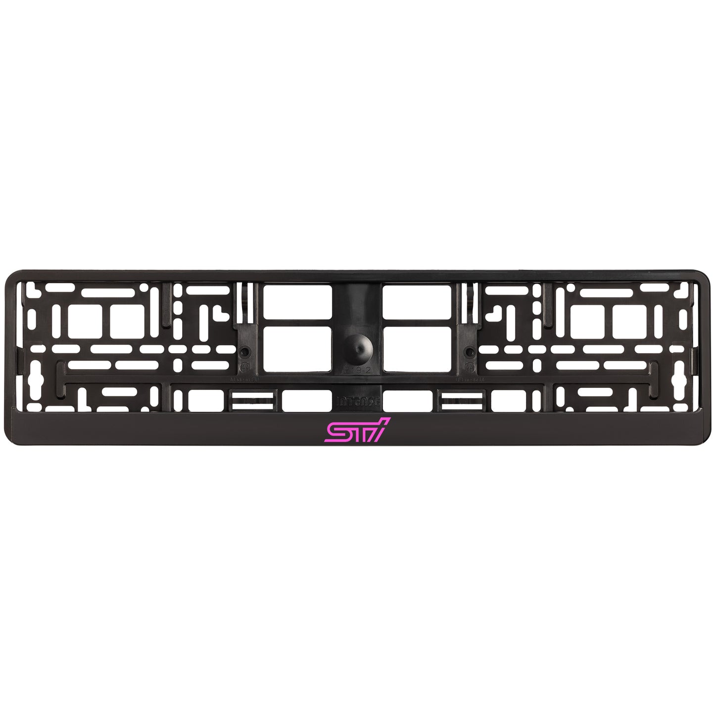 
        black license plate frame with pink sti logo
     