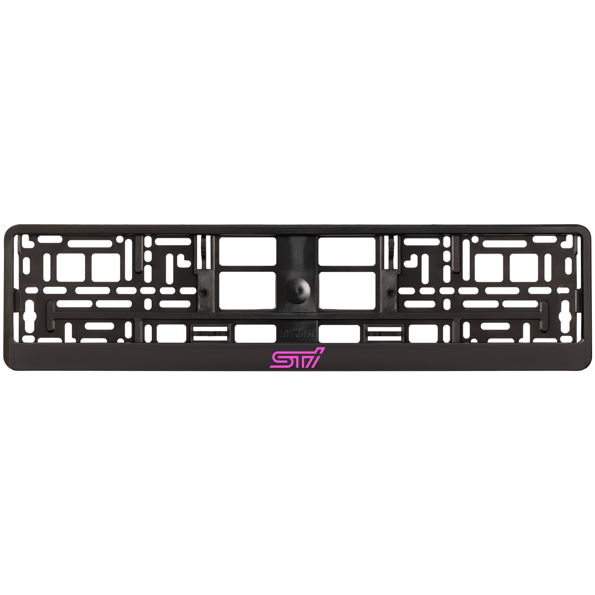 black license plate frame with pink sti logo