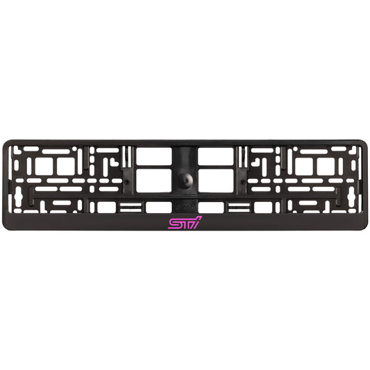 black license plate frame with pink sti logo