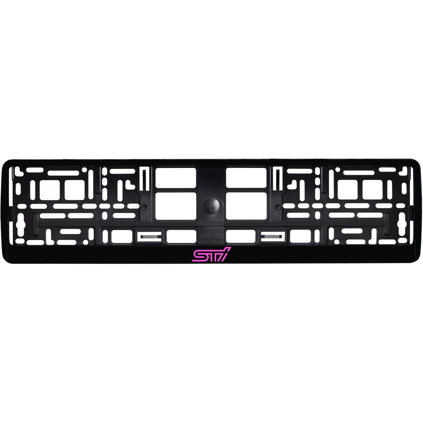 
        gloss black license plate frame with pink sti logo
     