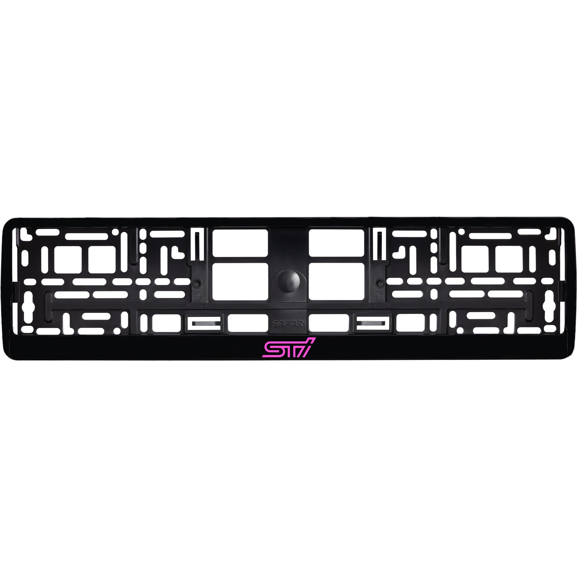 gloss black license plate frame with pink sti logo