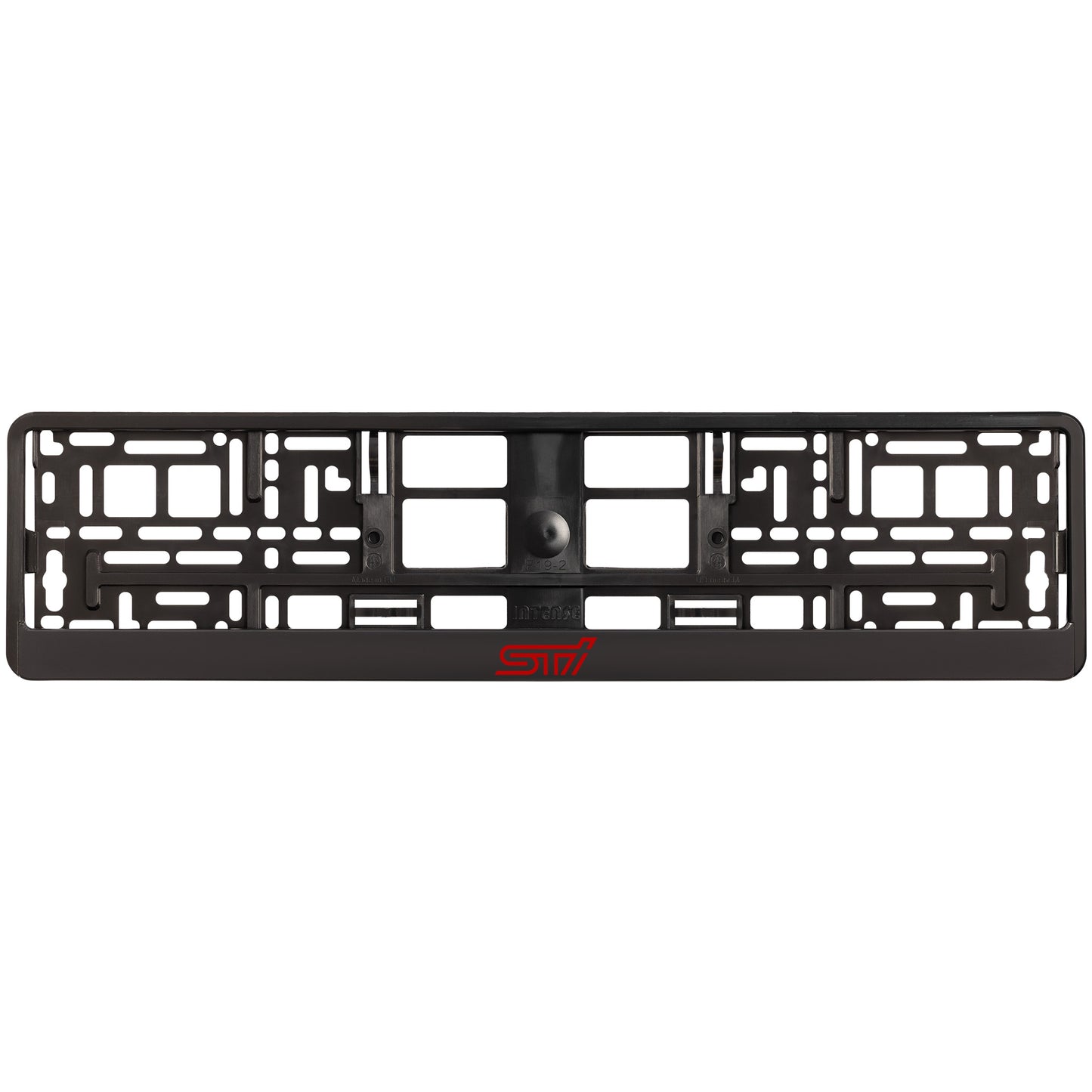 
        black license plate frame with red sti logo
     