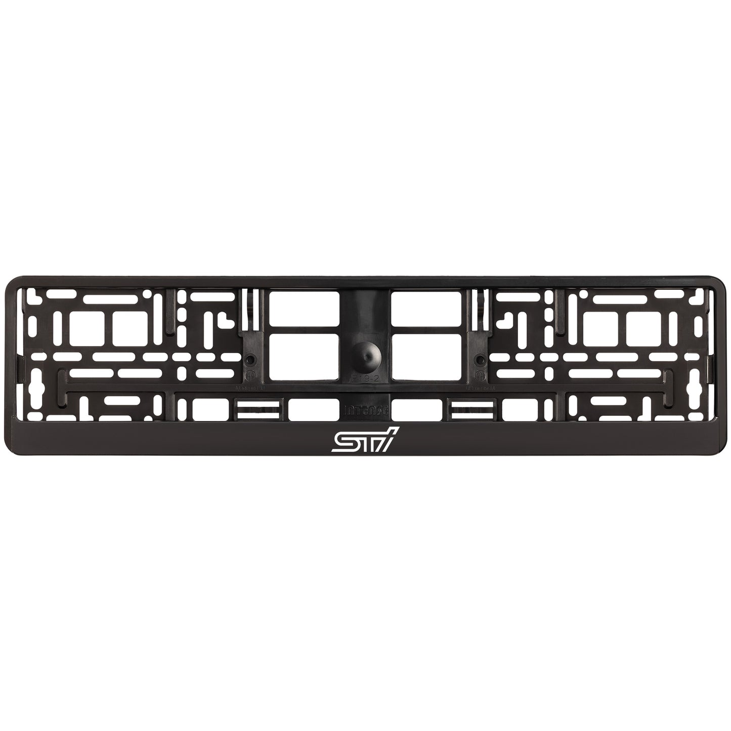 
        black license plate frame with white sti logo
     