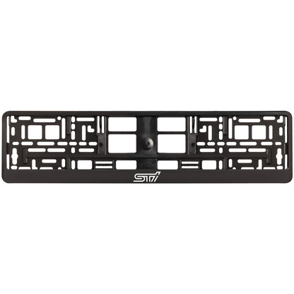 black license plate frame with white sti logo