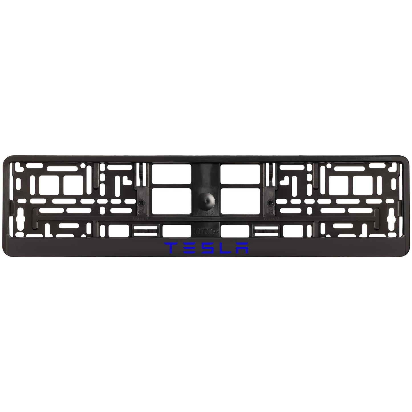 
        black license plate frame with blue tesla text
     