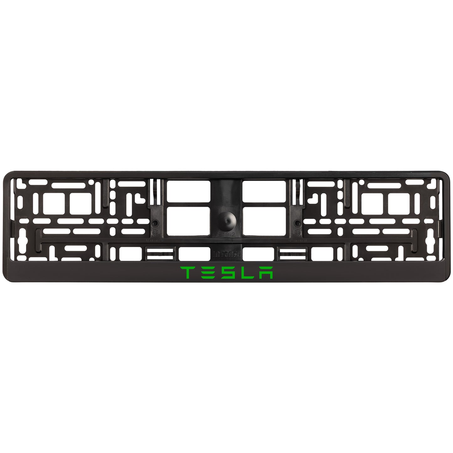 
        black license plate frame with green tesla text
     