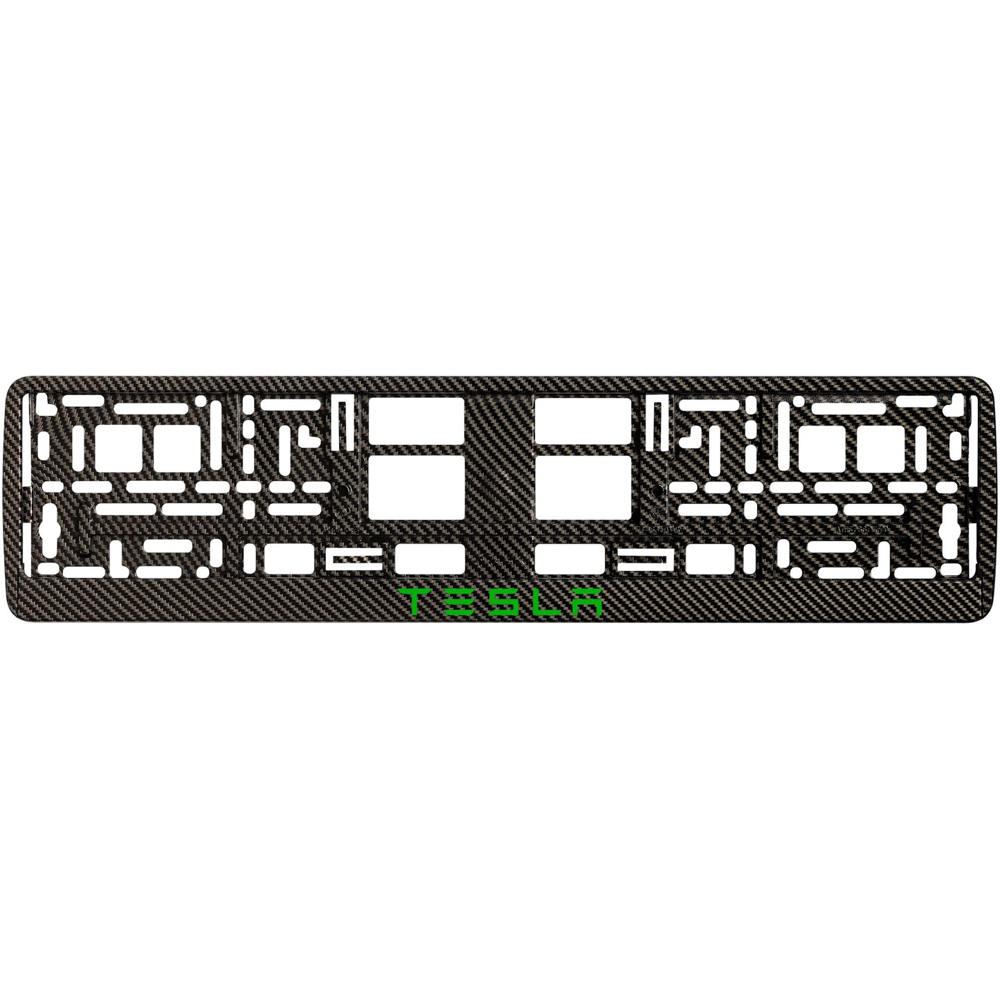 
        carbon license plate frame with green tesla text
     