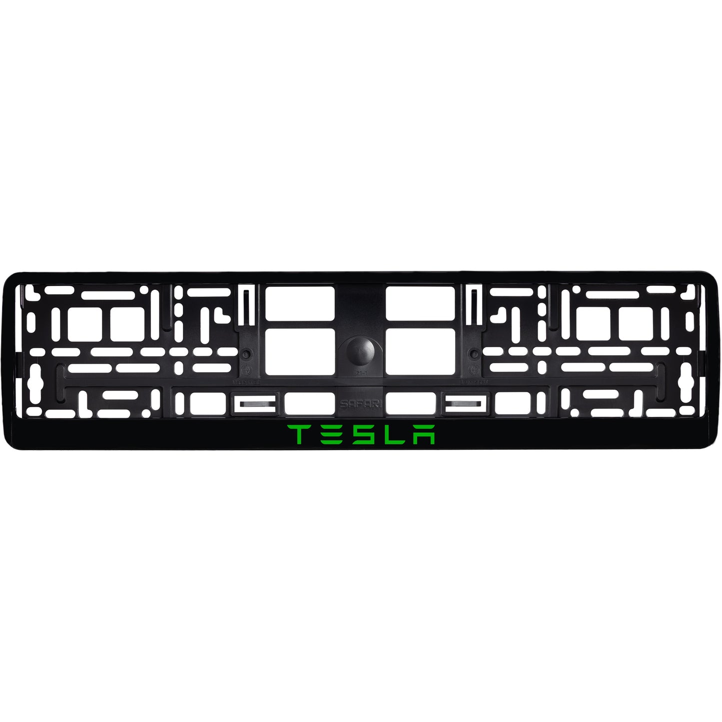 
        gloss black license plate frame with green tesla text
     