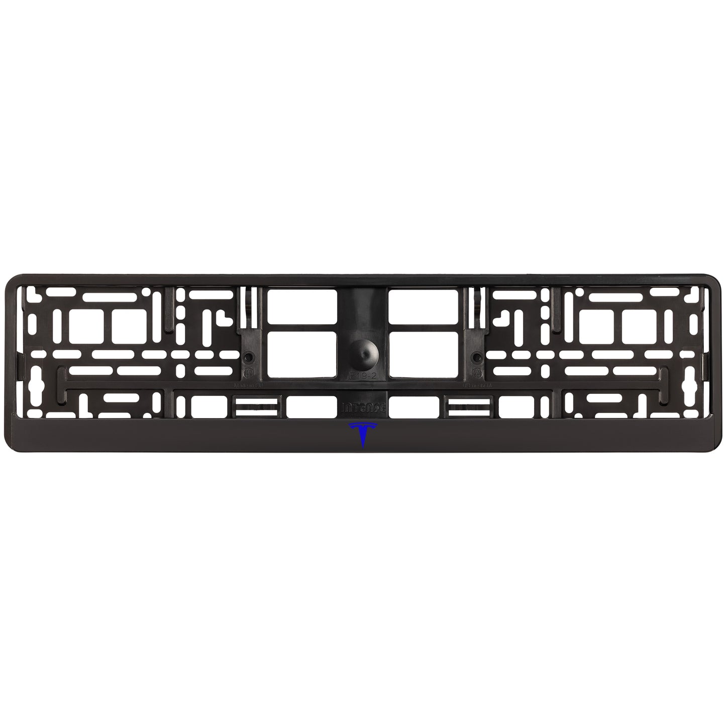 
        black license plate with blue tesla logo
     