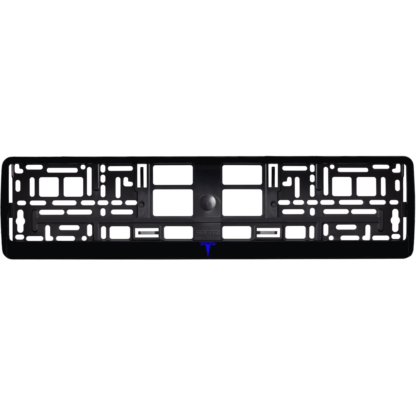 
        gloss black license plate with blue tesla logo
     