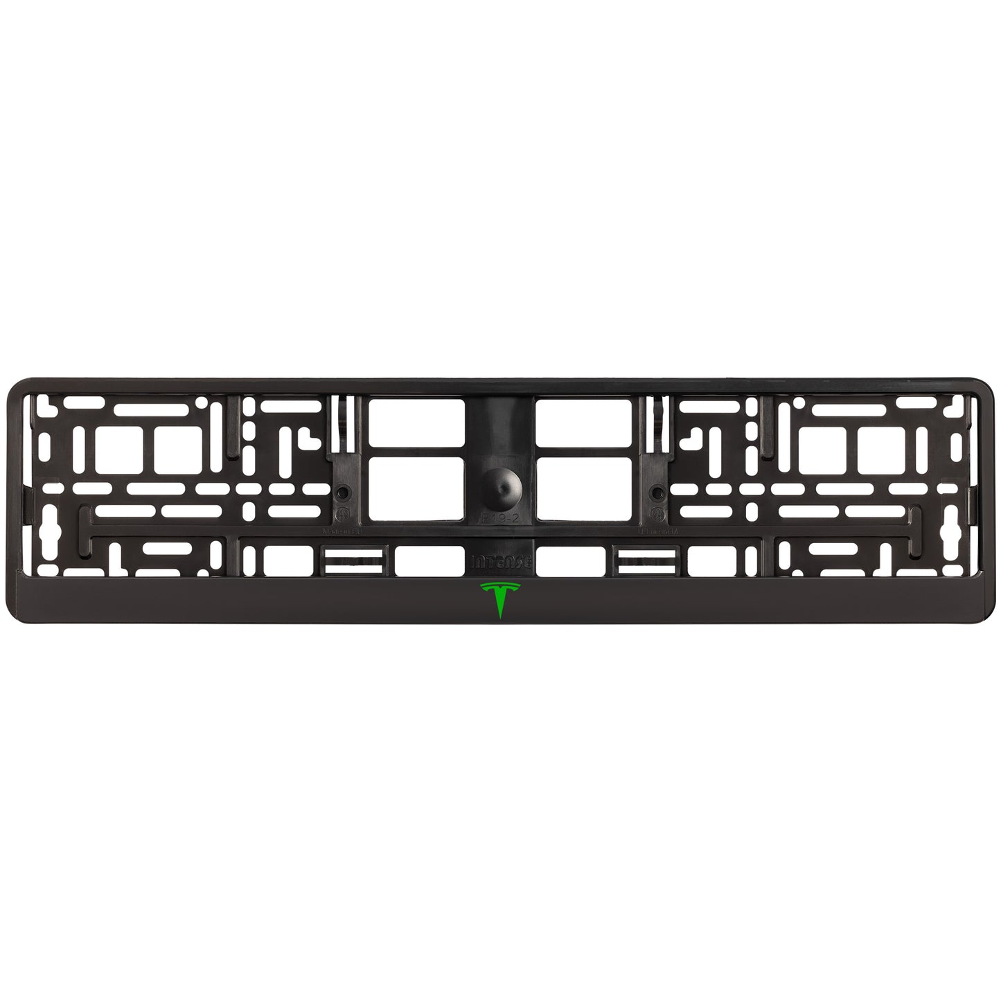 
        black license plate with green tesla logo
     