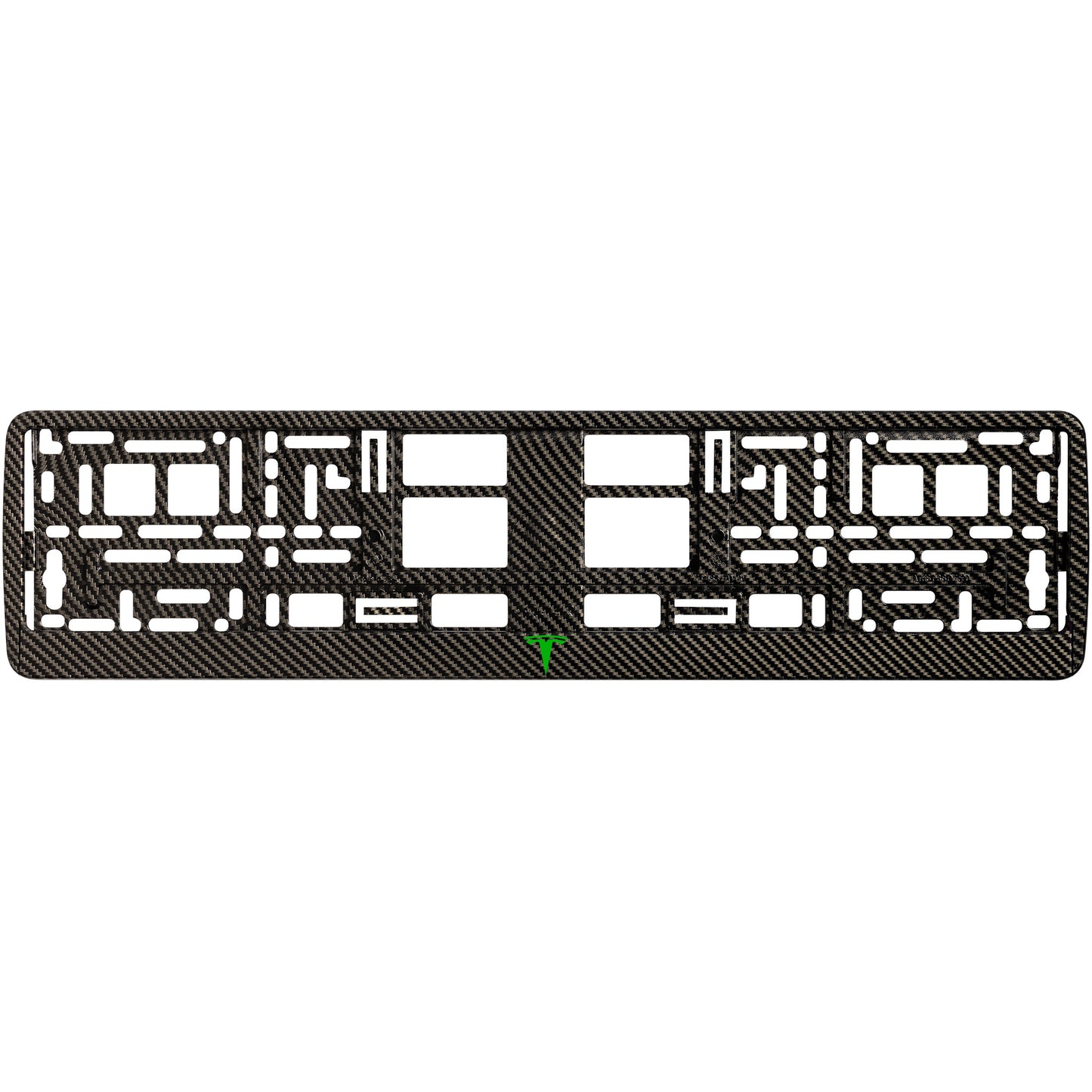 
        carbon license plate with green tesla logo
     