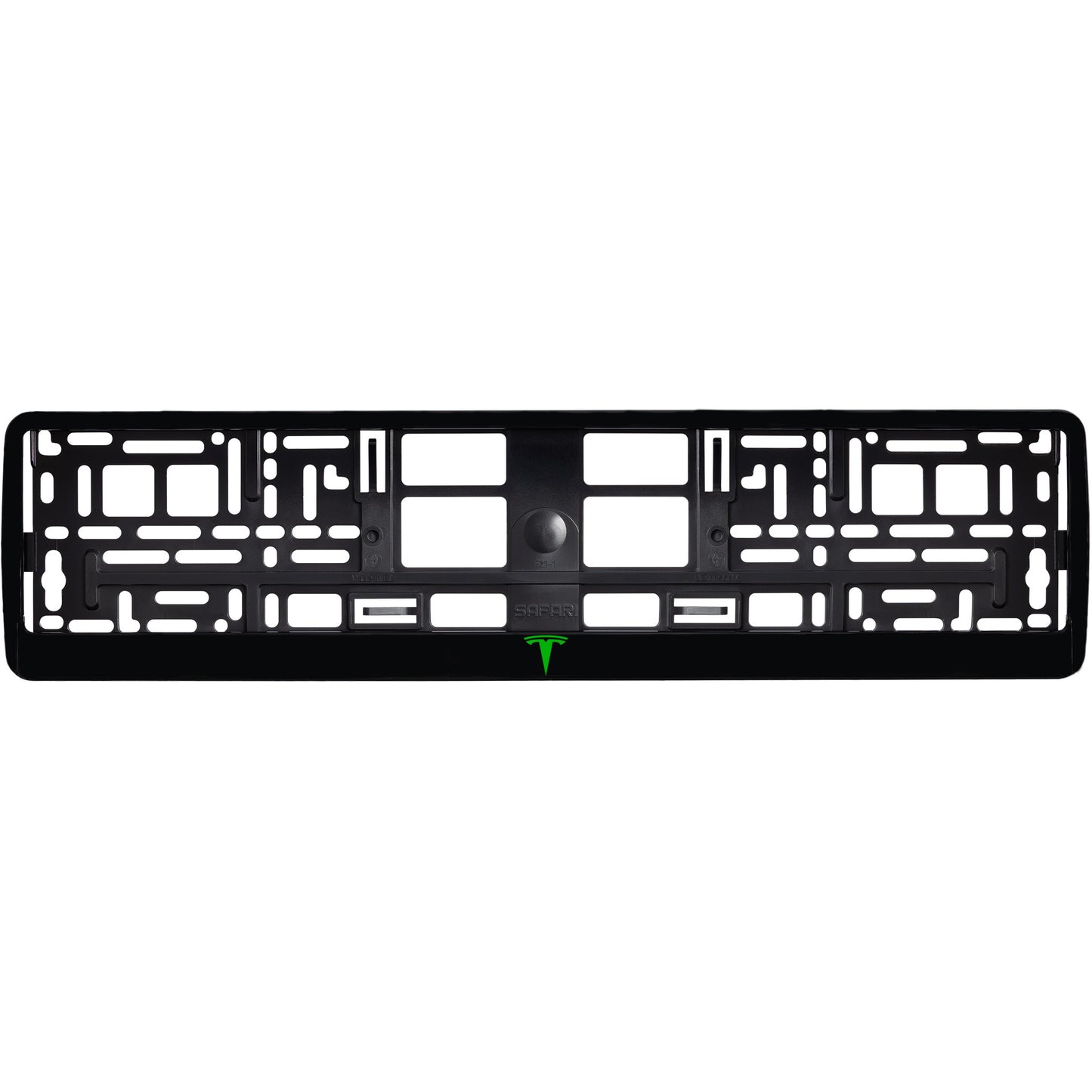 
        gloss black license plate with green tesla logo
     