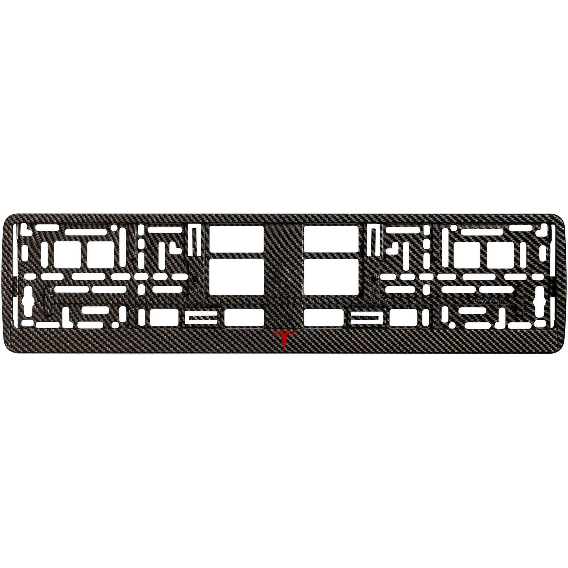 carbon license plate with red tesla logo