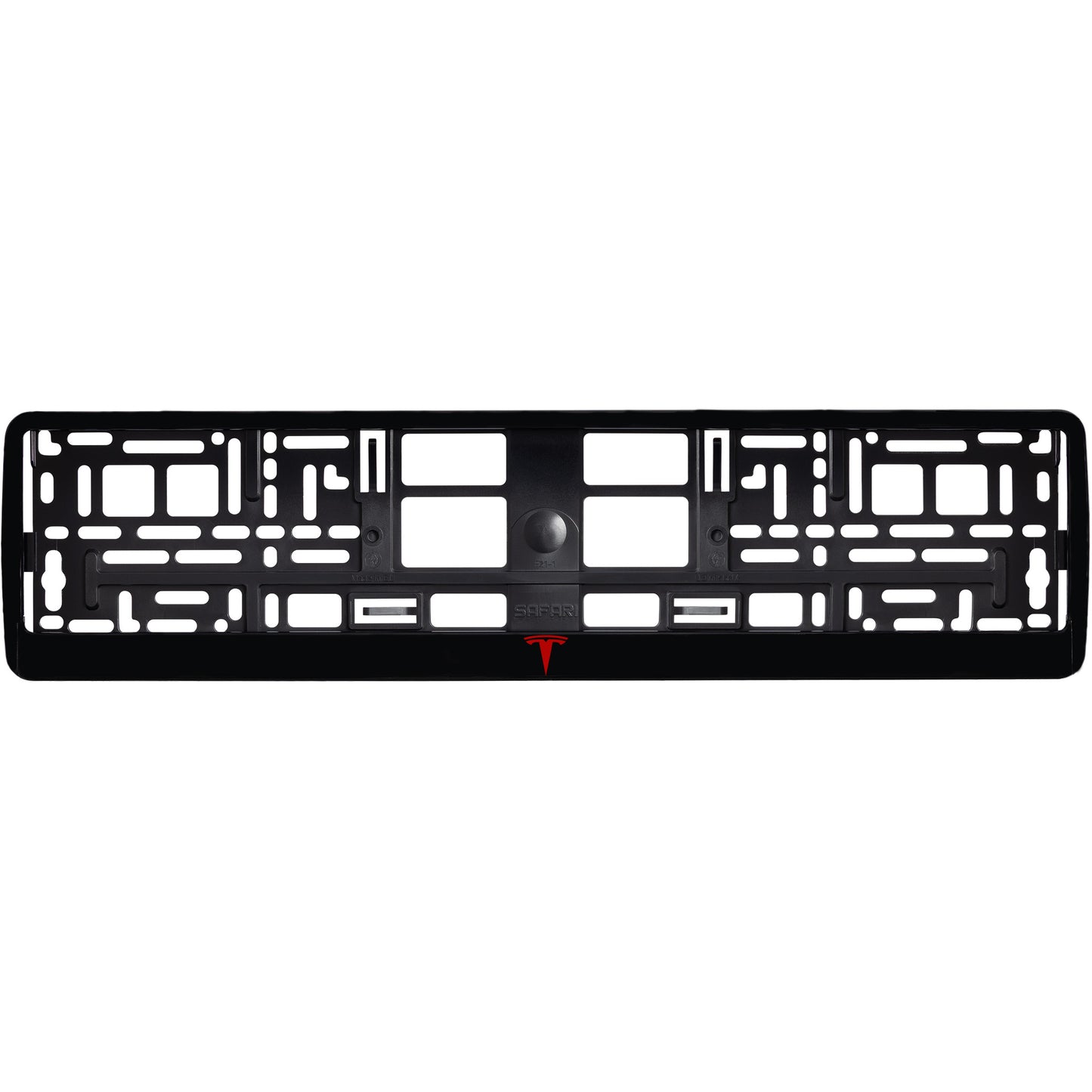 
        gloss black license plate with red tesla logo
     